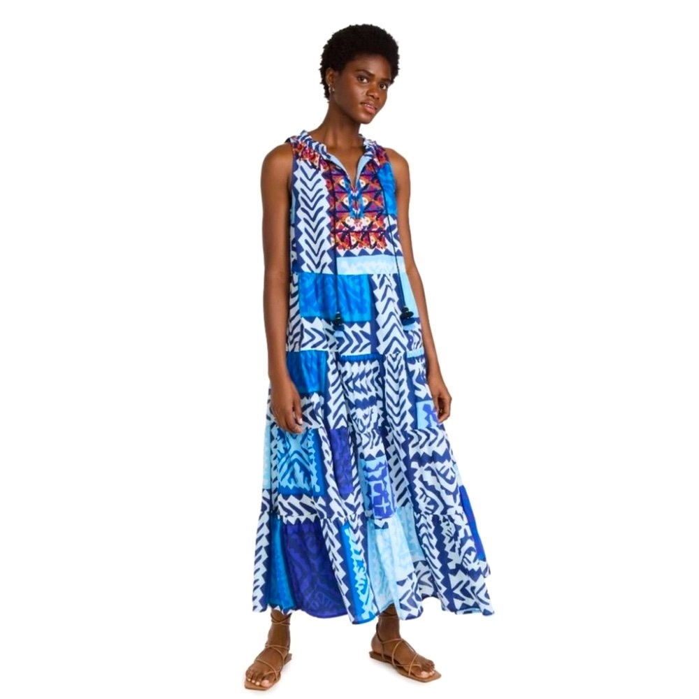 FIGUE Betty Maxi Dress Tiered Blue V-Neck Embroidered Tassels